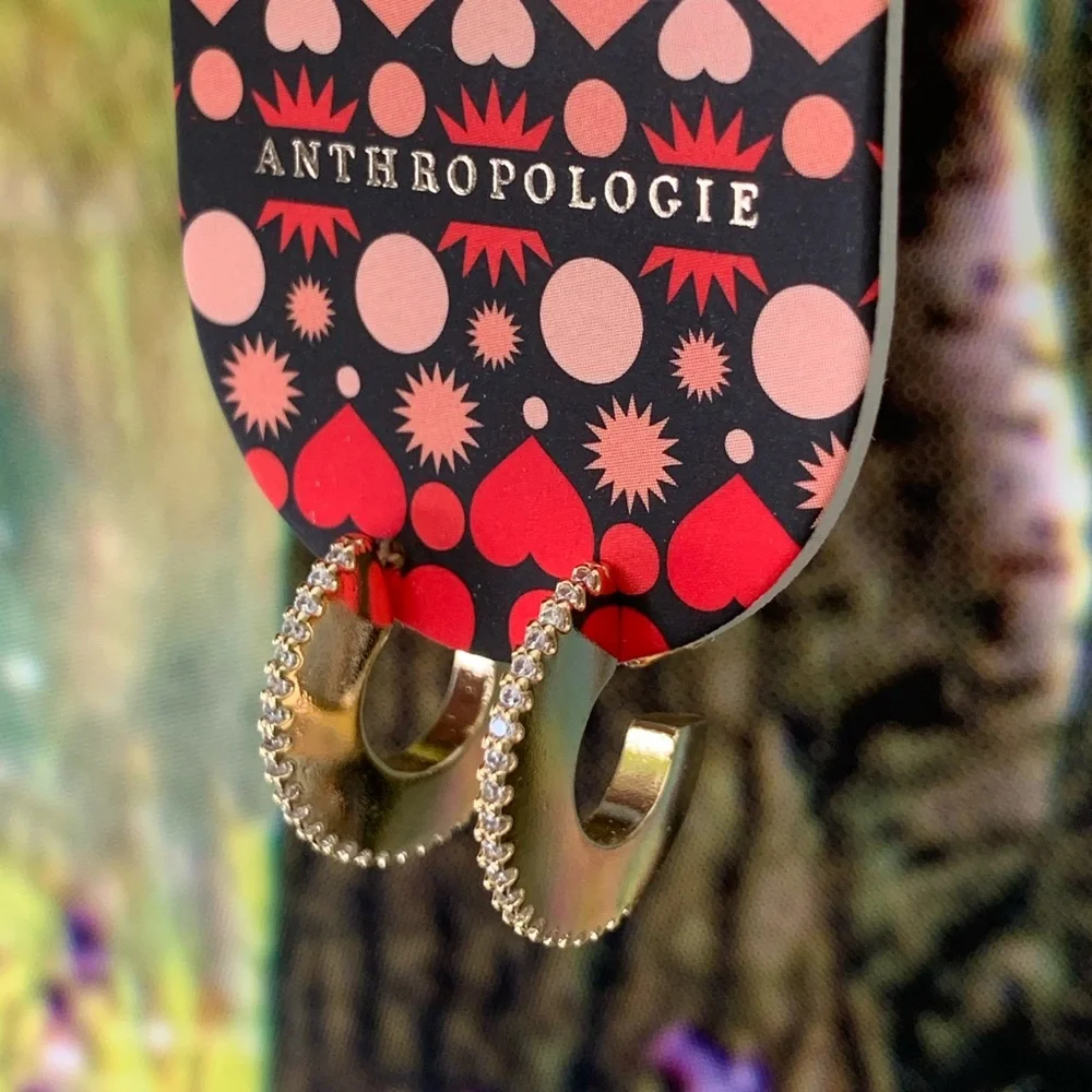 Anthropologie Ridged crystal huggie hoop earring - Picture 2 of 16